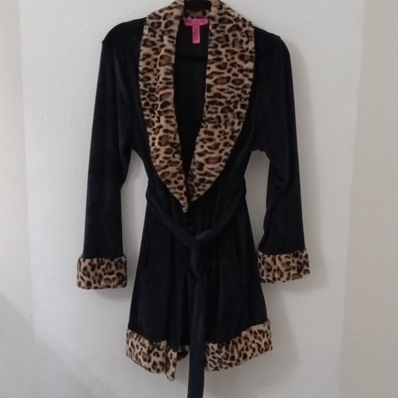 Betsey Johnson Velour Black W/ Leopard Faux Fur Trim Wrap Tie Robe Size L - Picture 2 of 7